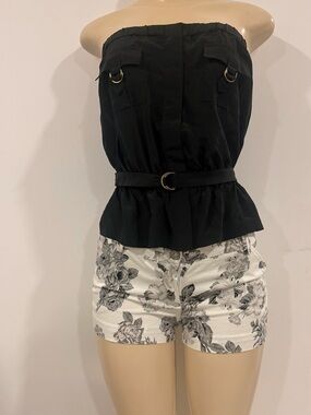 bebe Black Strapless Peplum Top with Belt